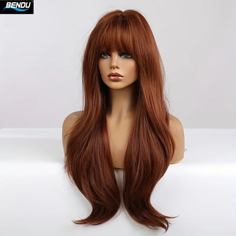 New cross-border fashion hot girl long curly hair bangs wig, women's reddish-brown slightly curly face shaping Amazon fake head Application Scenario