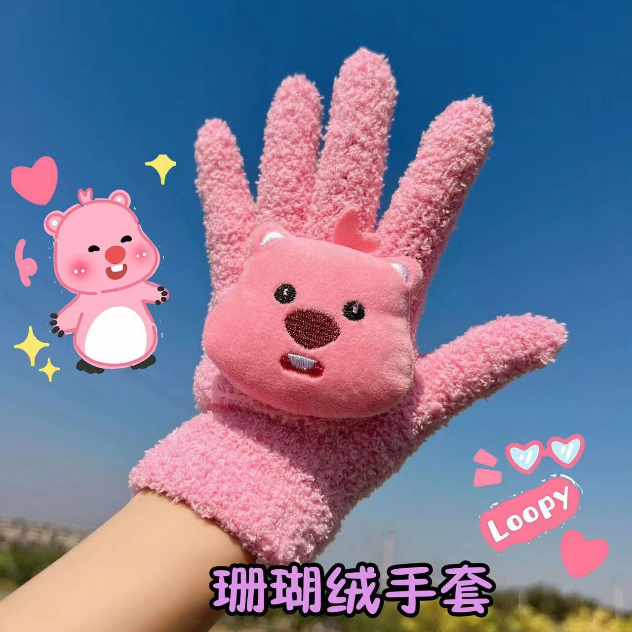 New cute little beaver loopy plush gloves, coral fleece student cycling finger gloves, women's winter warmth details Picture