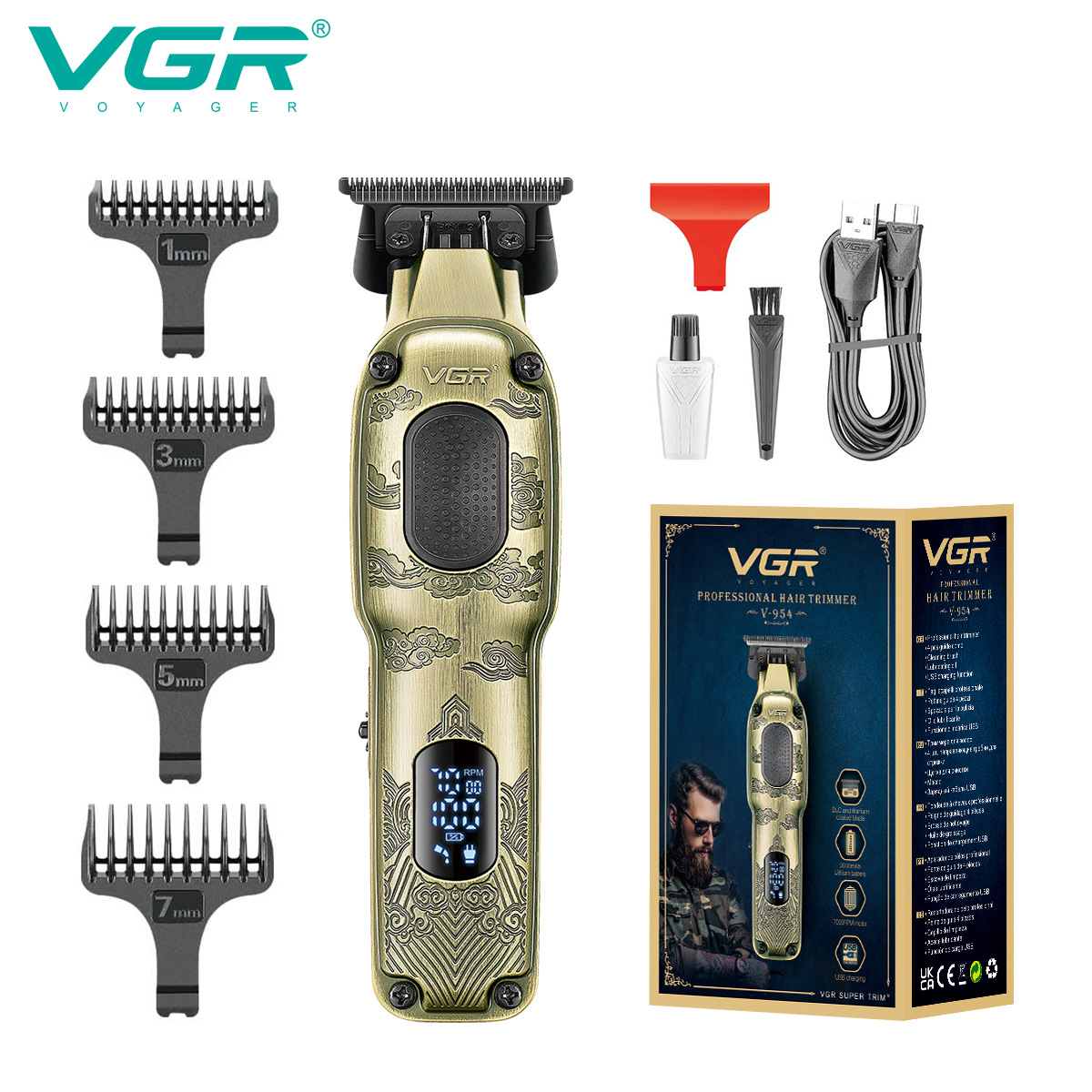 VGR954 Cross-border digital display hair Clipper, oil-tipped clipper, professional hair salon rechargeable men's metal electric clipper Item Picture