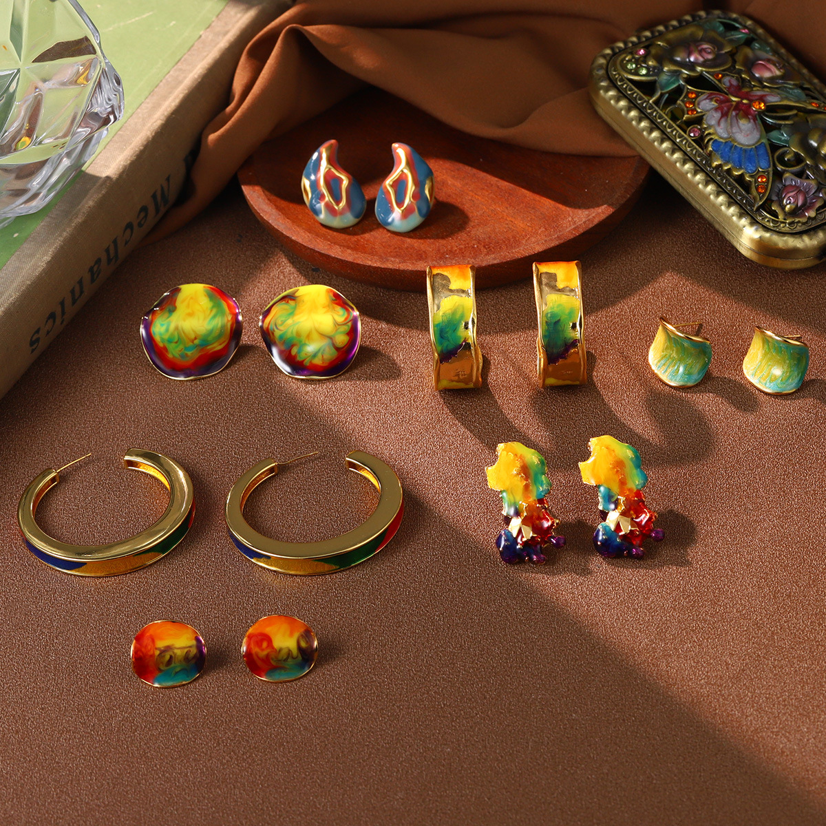 复古高级彩色耳圈珐琅彩油画系列耳饰梵高莫奈小众时尚百搭耳环女