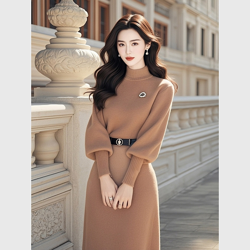 2024冬季法式高级感超好看气质收腰小香风卡其色长袖针织连衣裙女
