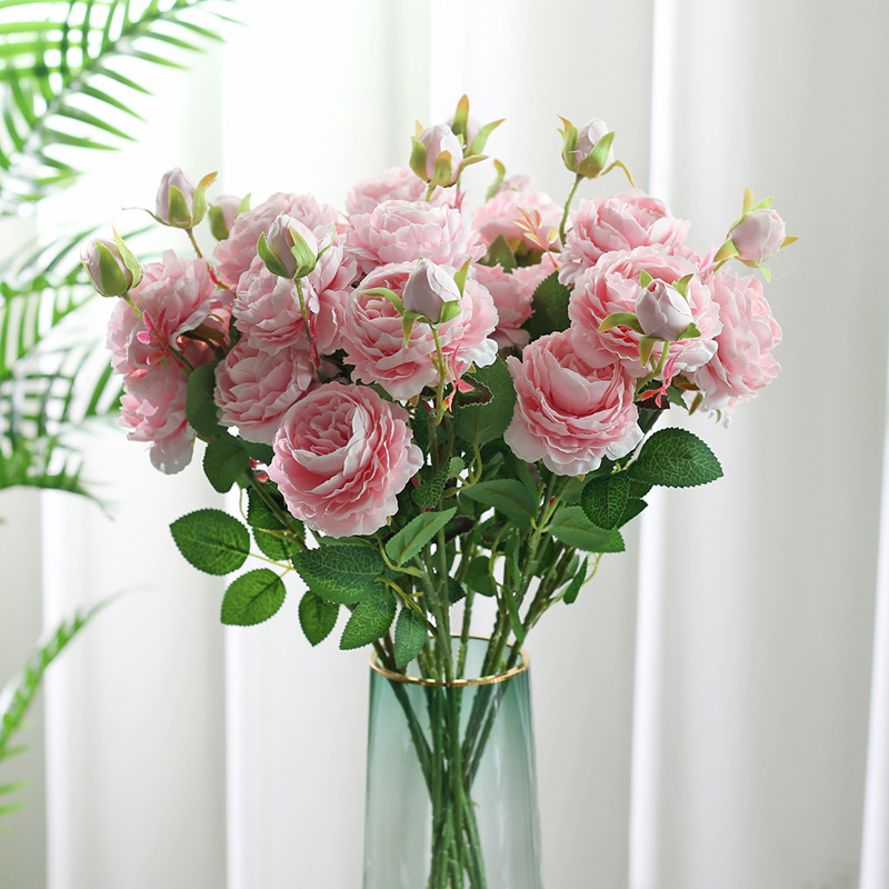 The manufacturer wholesals 3 artificial peony flowers for home green plants and wedding decoration. Three artificial flower displays