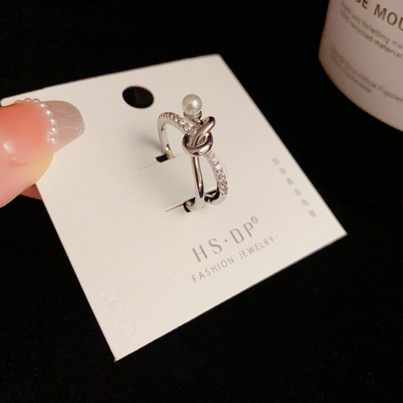 Light luxury and high-end zircon crossed pearl open ring, versatile and unique design for women, wholesale details Picture