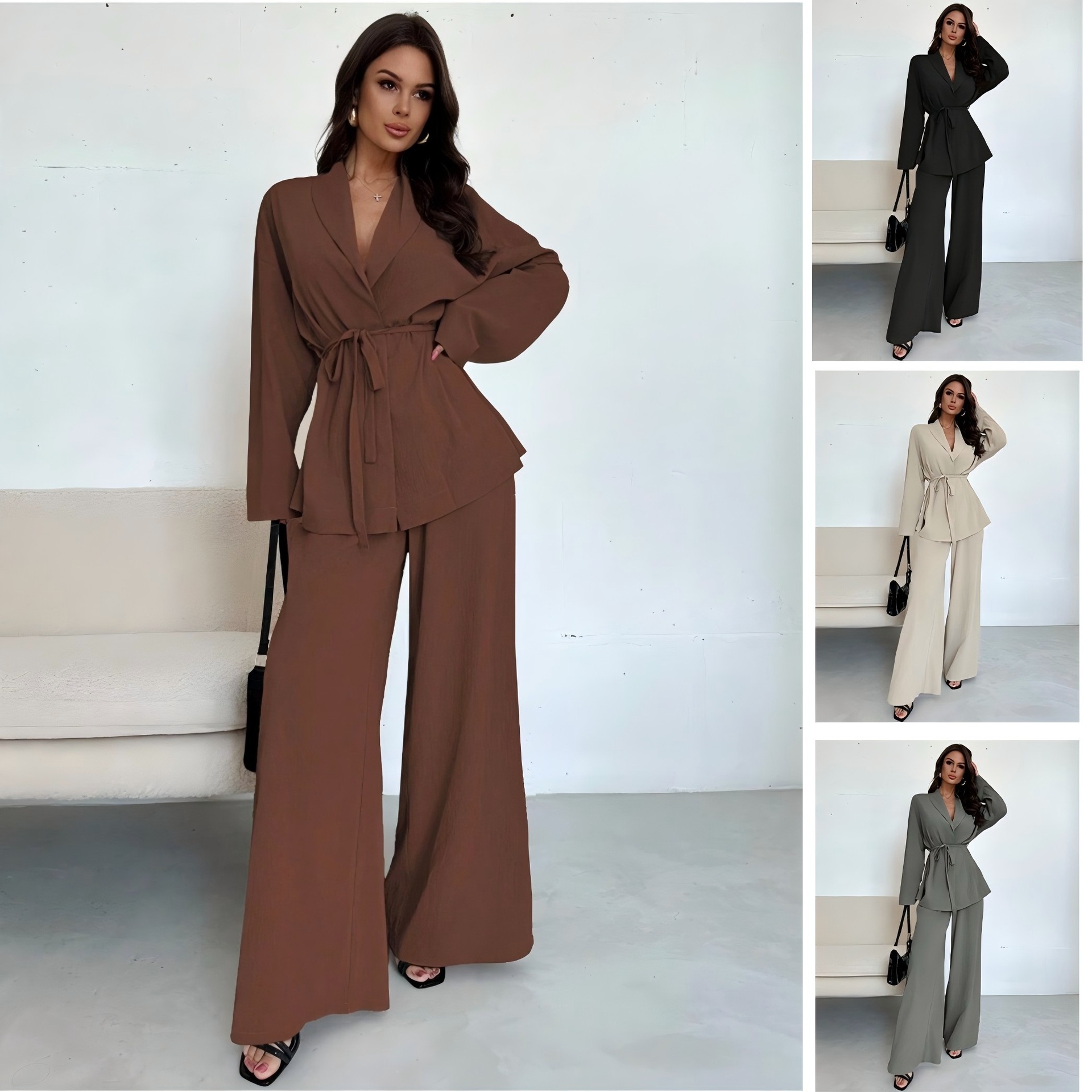 2026 Autumn/Winter collection of European and American Amazon cross-border fashion V-neck women's wear, elegant long-sleeved and wide-leg pants set full figure