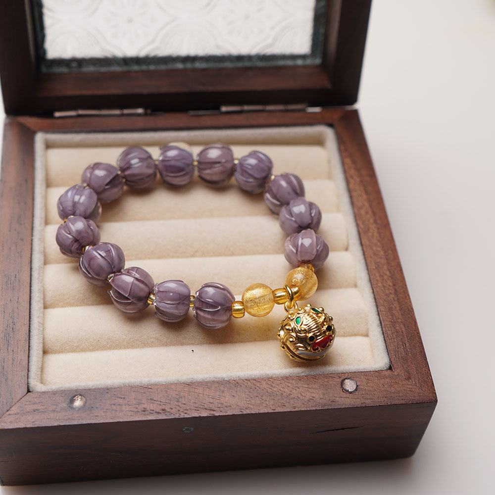 新中式紫琉璃铃兰花串珠手串吞金兽醒狮铃铛手工手链手饰饰品配饰
