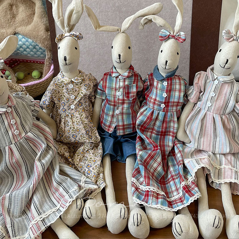 New Korean-style handcrafted cotton and linen rabbit doll, long-legged floral dress, rabbit home decoration doll gift, retro fabric long-eared rabbit doll, checkered and striped floral dress, shirt style soft wear, excellent choice as a souvenir Application Scenario