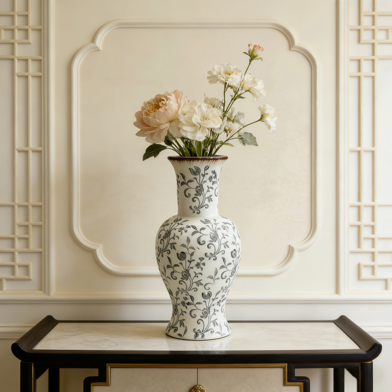 New Chinese-style blue and white porcelain ceramic water bottle vase, living room dining table flower arrangement decoration, homestay soft decoration item, ice crack ceramic vase Specification image