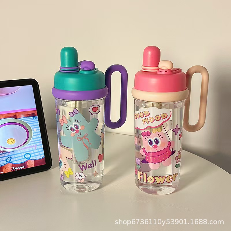 New cartoon children's plastic water cup with high appearance level, girls' double-drinking cup, large-capacity portable student cup details Picture
