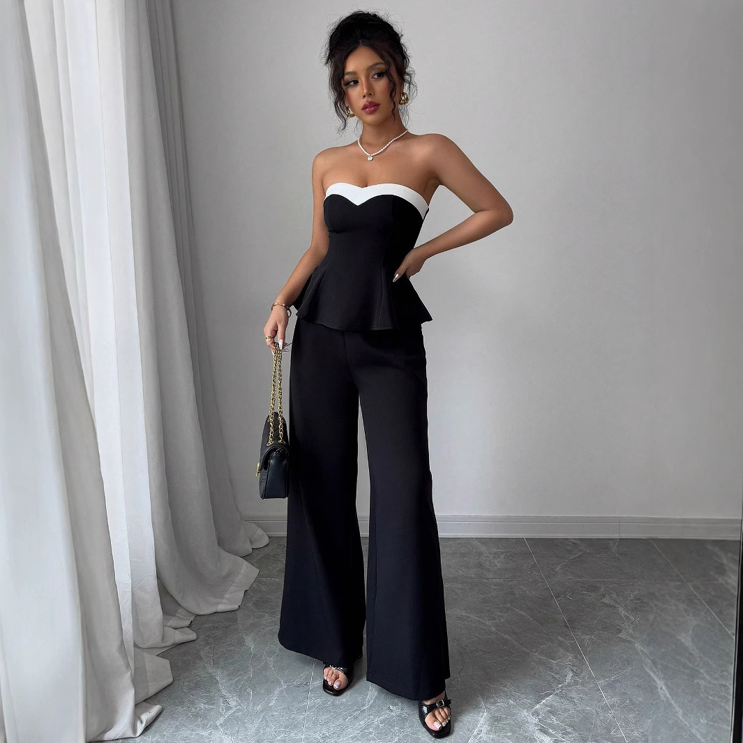 Cross-border Amazon Women's clothing 2025 Spring/Summer Vacation style European and American style spliced off-the-shoulder, backrest, wide-leg long pants set details Picture