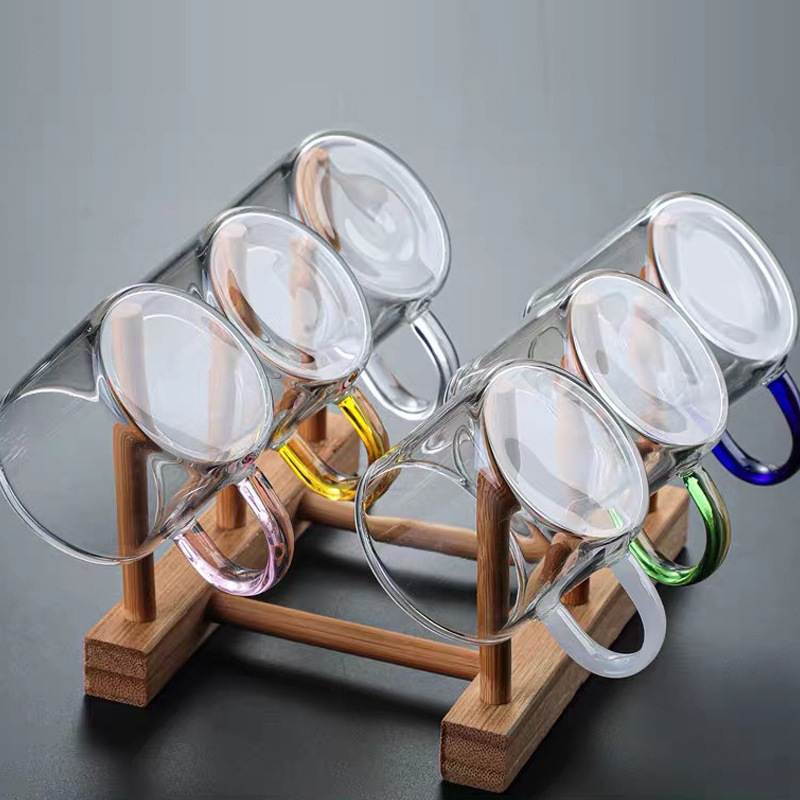 High borosilicate transparent glass with handle, single-layer small tea cups, colored handle, straight small tea cups