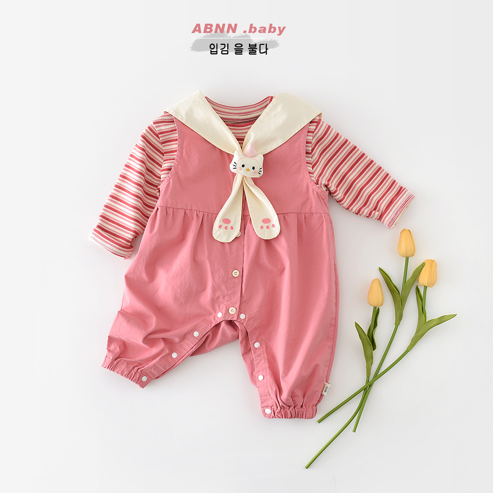 Spring Set for baby Girls, new striped T-shirt for infants and toddlers, two-piece sleeveless crawling suit for children and kittens, 61333