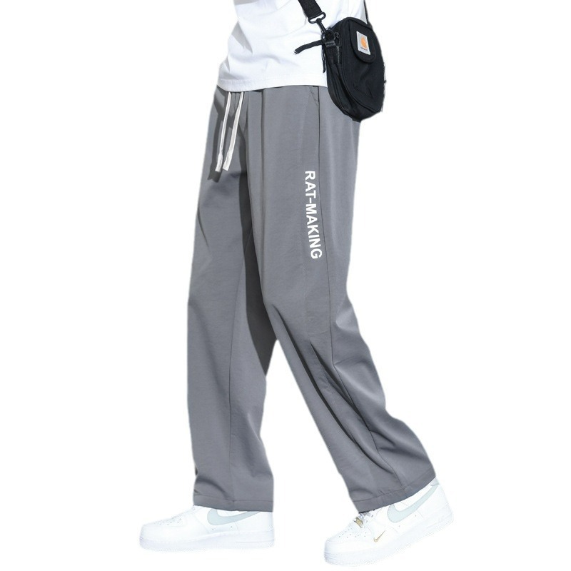 Wholesale summer ice silk casual men's thin, trendy, loose, quick-drying straight-leg sport pants and men's wide-leg long pants Item Picture