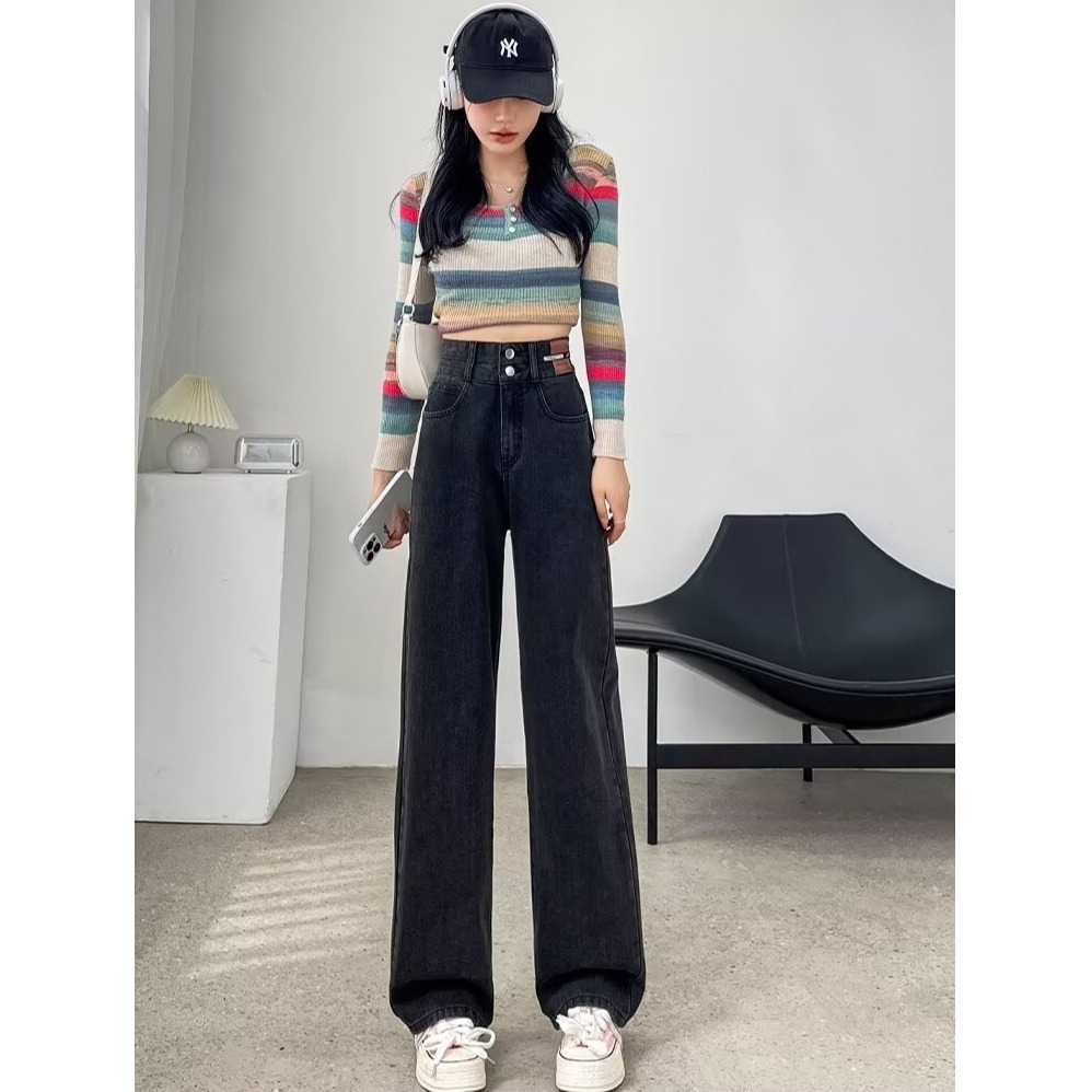 复古窄版高腰阔腿牛仔裤女2025秋冬新款遮胯显瘦加长直筒拖地裤子