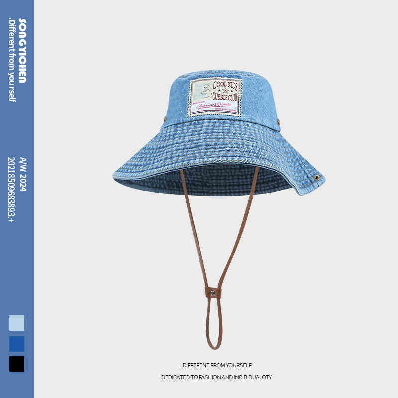 Korean outdoor windproof mountaineering hat, autumn hat, women's large brim to show off face, small fisherman hat, versatile washable denim hat