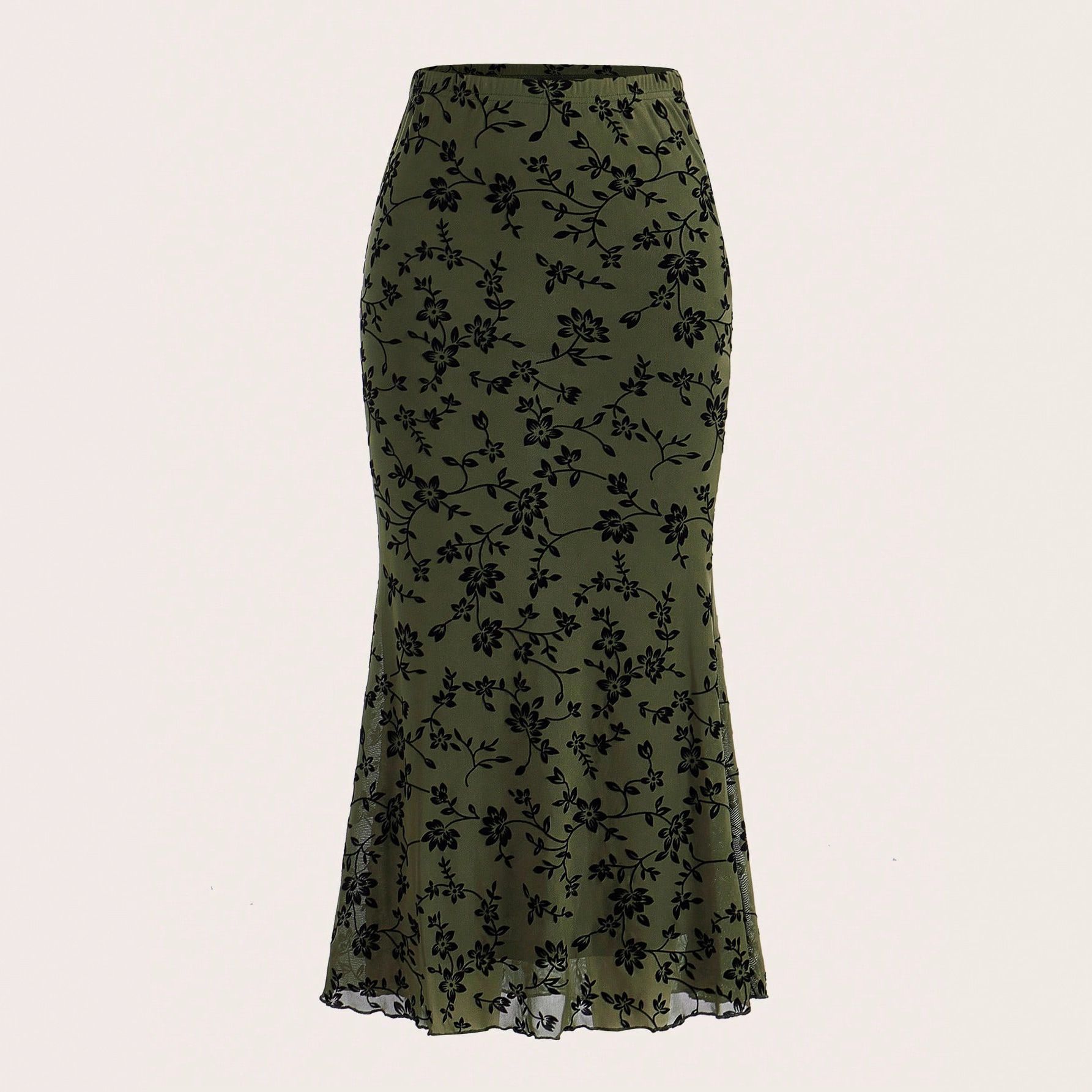 The 2026 spring new dark green floral half-length fishtail skirt from Europe and America is casual and versatile, outlining a graceful figure full figure