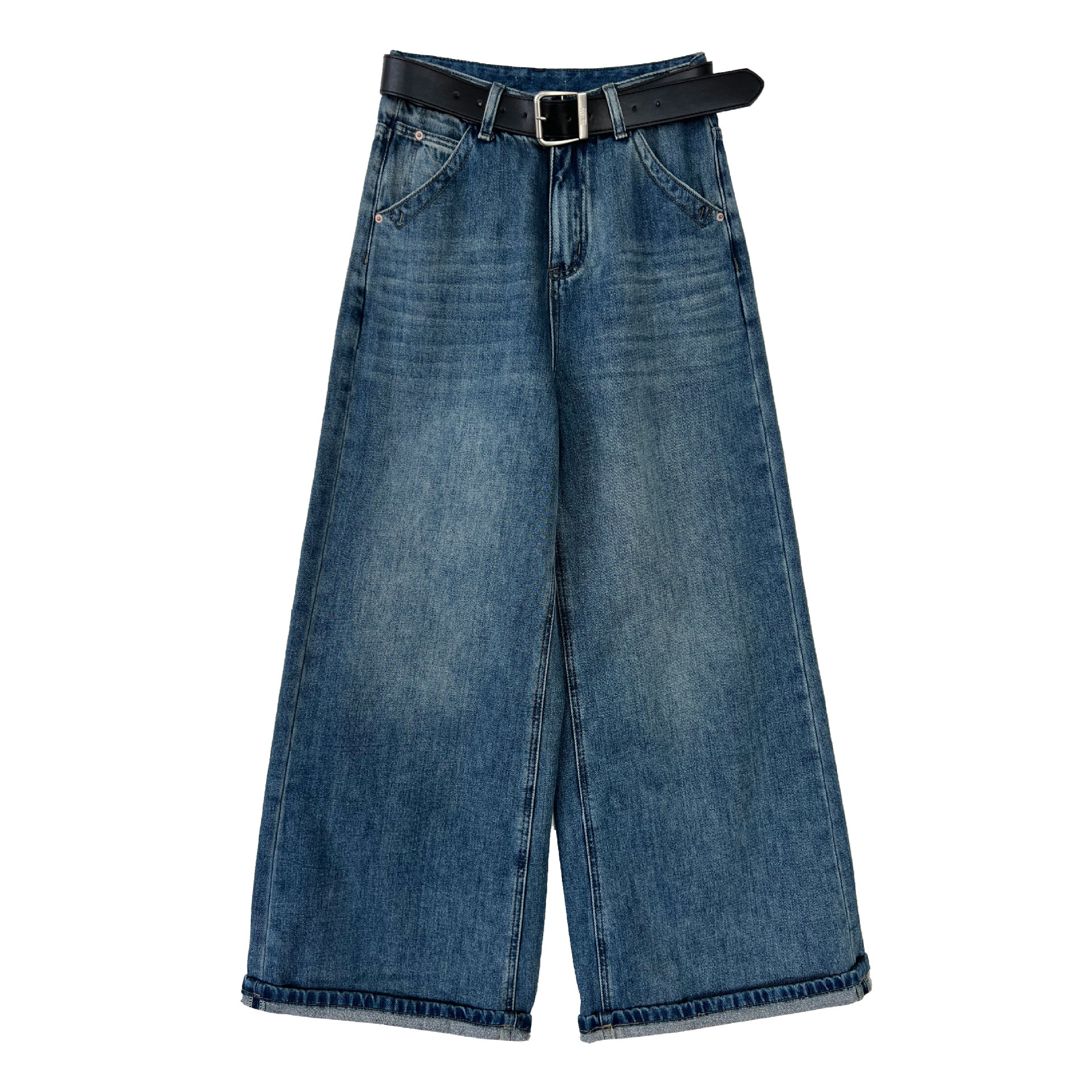 Luxi Korean-style simple lined brushed high-waisted jeans for women's autumn and winter, new fleece straight-leg casual pants 68366 Item Picture