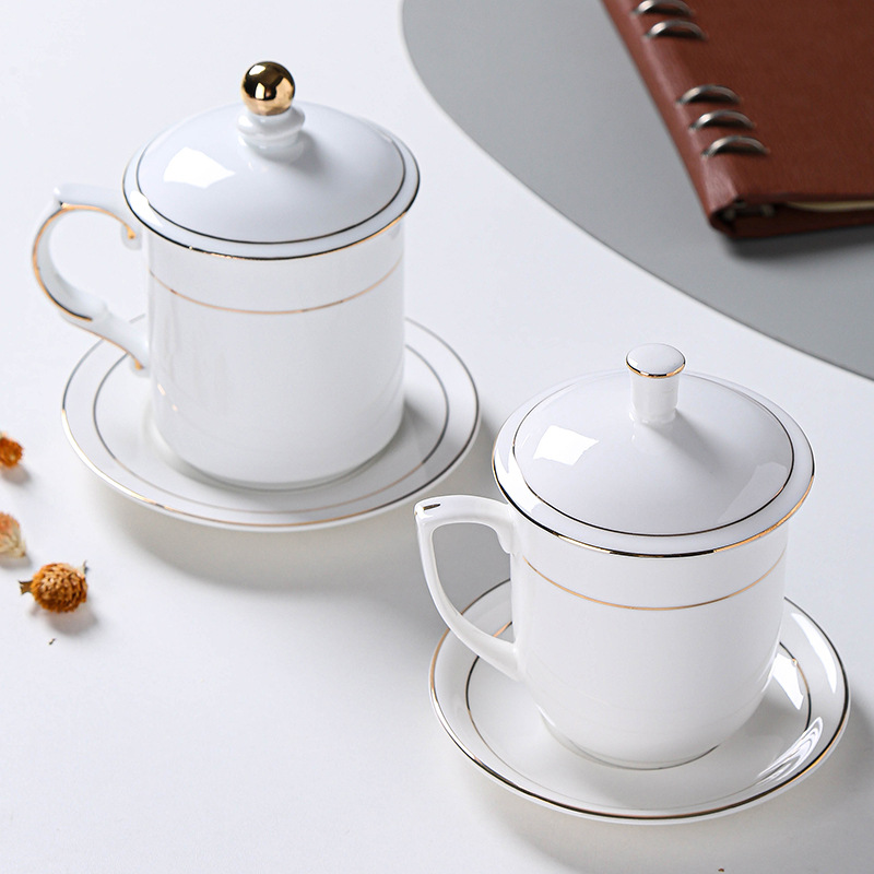 酒店宾馆陶瓷茶杯办公室会议杯水杯金边白色喝水杯带盖套装刻字产品图