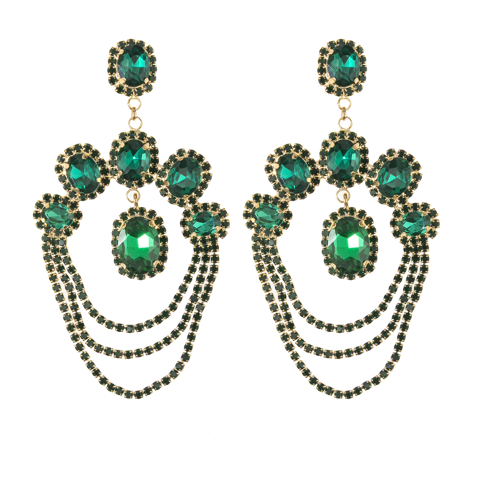 Cross-border European and American style water diamond earrings, trendy, fashionable, individual, exaggerated tassel pendant earrings, green diamond contrasting color design, versatile for daily gatherings, women's accessories wholesale