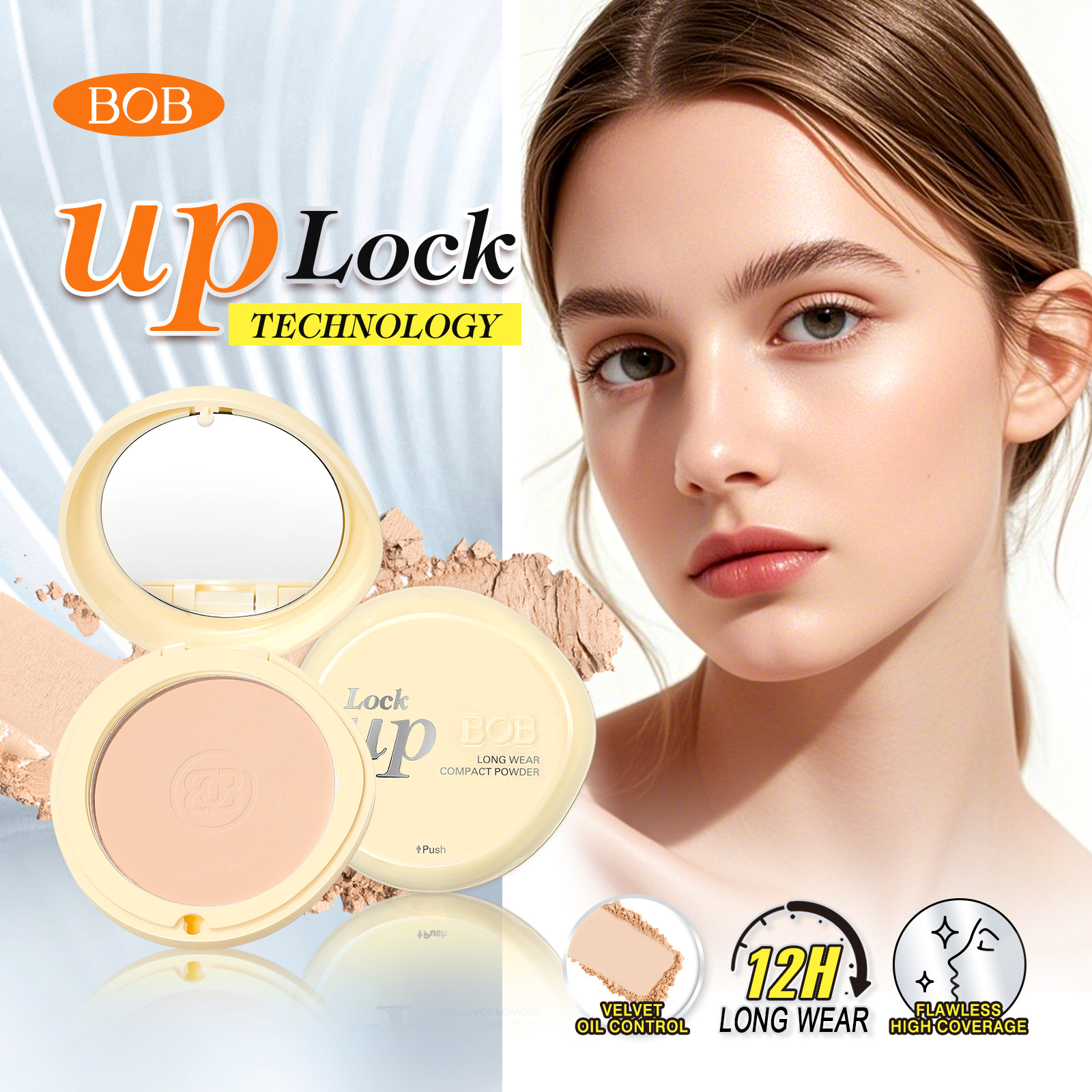 跨境bob多元素柔焦粉饼哑光黄皮提亮持久清透定妆蜜粉