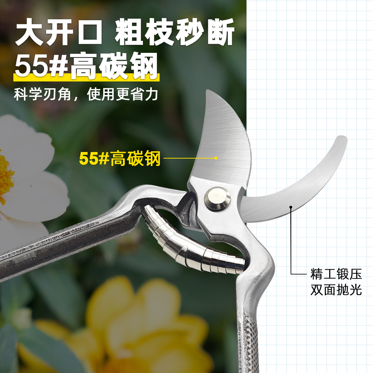 Holsen high-carbon steel pruning shears, heavy-duty steel handles, garden and horticultural shears, fruit tree branch shears, factory direct sales of branches Specification drawing