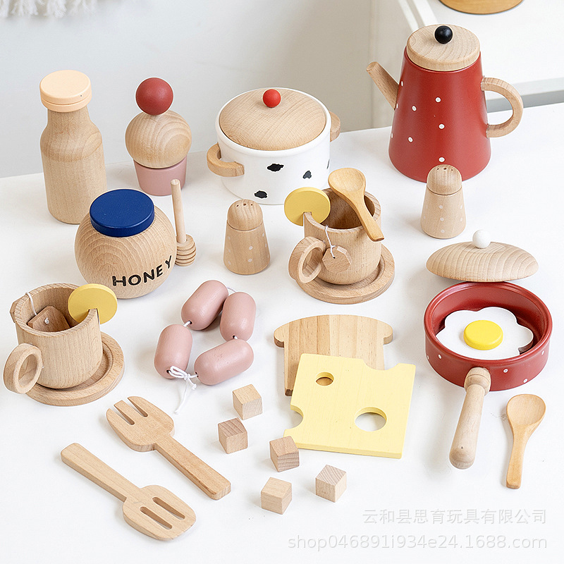 Inicio niños cocina de madera ollas de leche cocina tetera té de la tarde comida occidental postres pan catéchum-food set