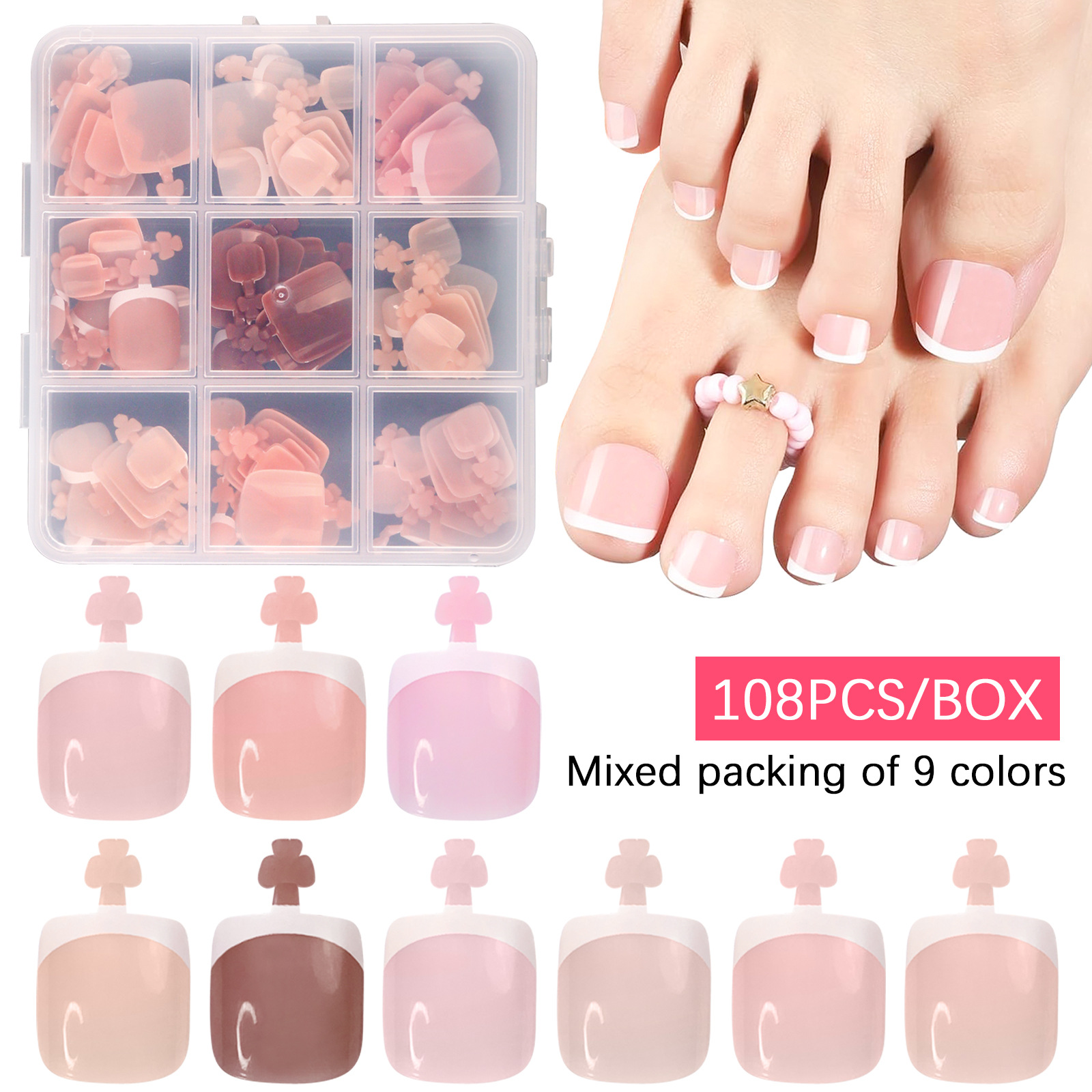 跨境nails法式脚指甲美足脚甲成品穿戴甲甲片脚趾甲108片预制美甲