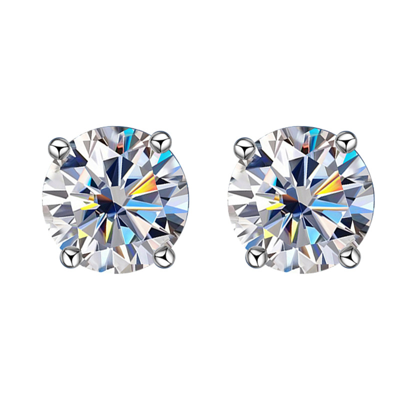 Zhuoheng Select 925 earrings with a high-end feel, one-carat white Moissan four-prong stud earrings, simple autumn and winter pure silver earrings Item Picture