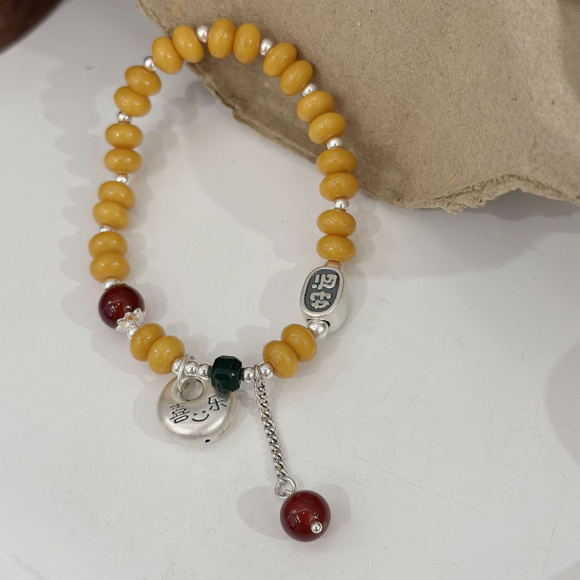 New Chinese-style S925 sterling silver Joyful Peace Buckle beeswax bracelet details Picture