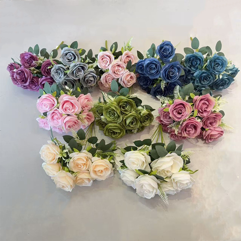 仿真9头玫瑰花束场景布置婚庆人造花假花高级感逼真跨境批发绢花