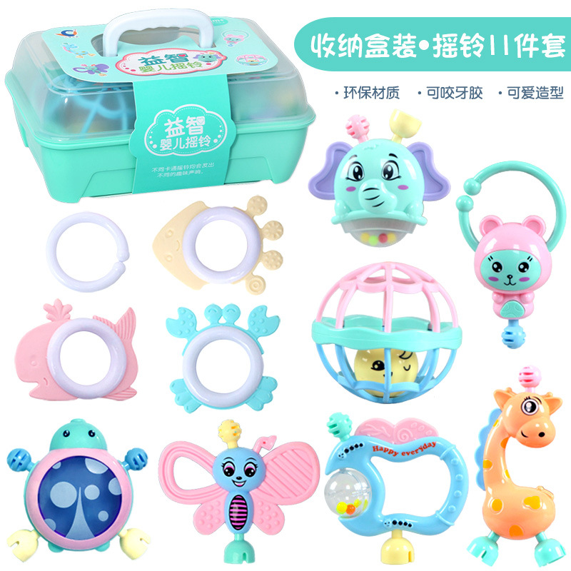 益智婴儿摇铃玩具收纳盒装11件套跨境电商手腕摇铃拨浪鼓床铃悬挂式婴童手拿毛绒床铃