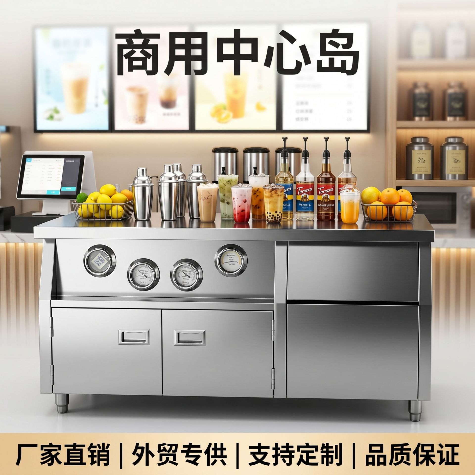 Direct sales from the manufacturer of the integrated multi-functional central island equipment for commercial stainless steel central island milk tea shop combination operation table