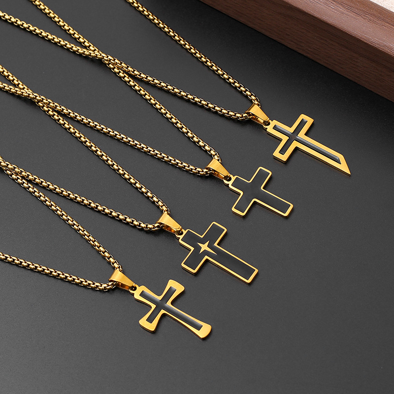 Cross-border European and American oil-dripping cross necklace for men, punk hip-hop simple and versatile long titanium steel necklace for both men and women details Picture