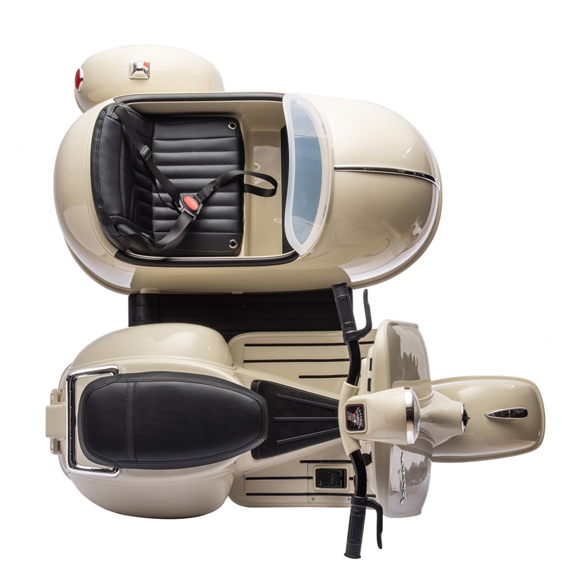 罗马假日儿童电动摩托车复古童车VESP三轮车双座玩具可坐人双人白底实物图