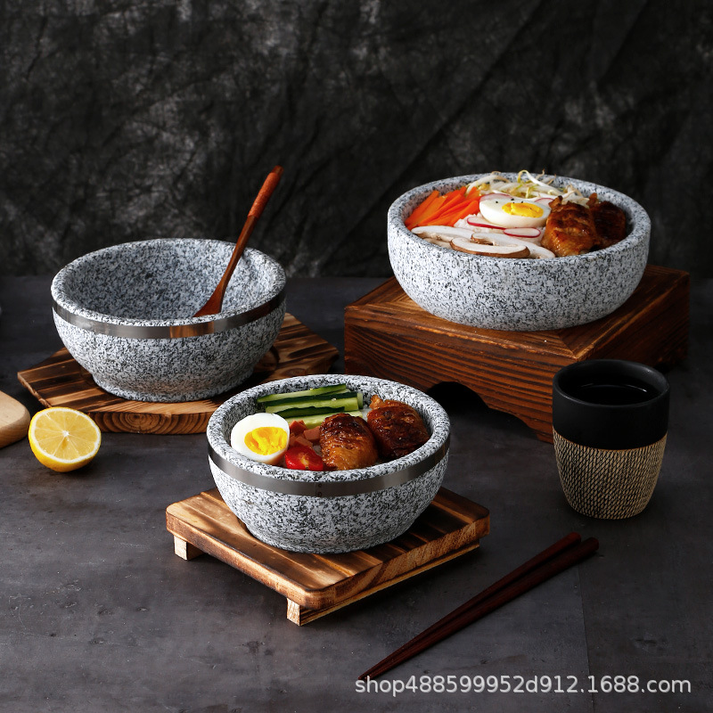 Authentic Korean cuisine in stone POTS and bowls, heat-resistant natural stone pot bibimbap, stone pot bubble chicken, exclusively for commercial use details Picture