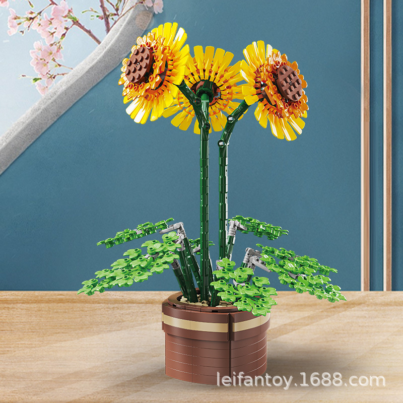 Building block simulation plant potted plants, cloud viewing sunflowers, flower assembly and arrangement building blocks, office and home decoration gifts Specification drawing