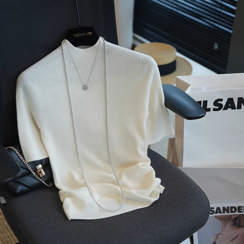 100 Fine-spun wool seamless one-piece semi-high-neck short-sleeved knitted base layer, women's slimming and form-fitting top Spring 909G Item Picture