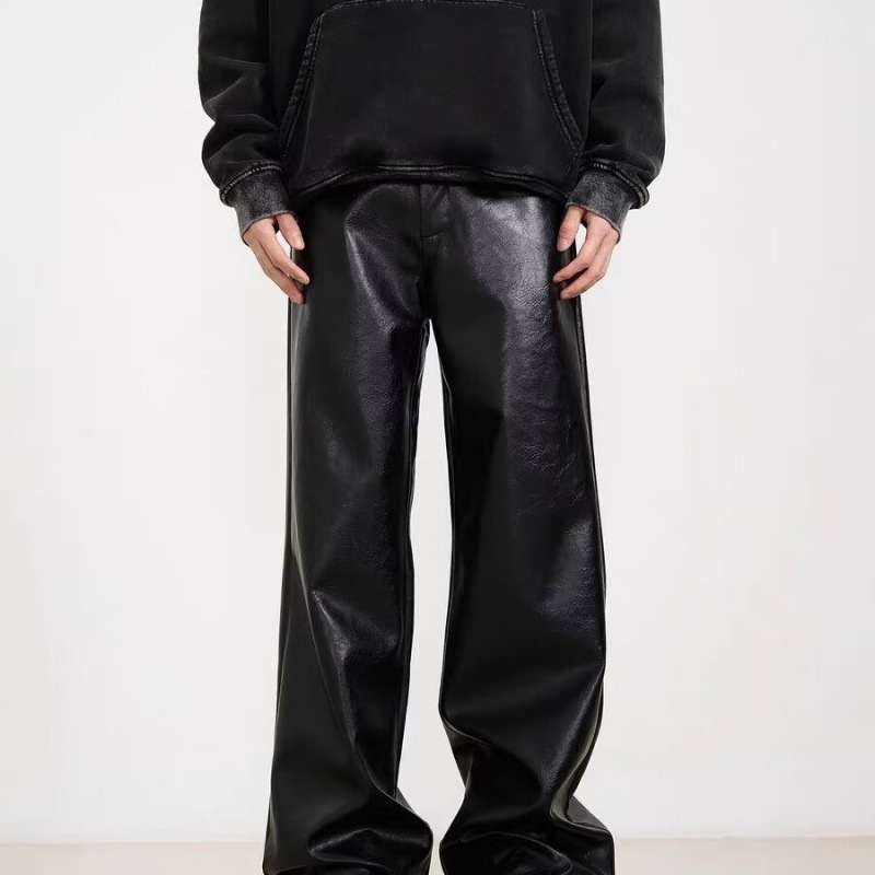 The new 2024 American-style high-end leather pants, casual pants, men's retro straight-leg loose and cool pants, trendy and stylish