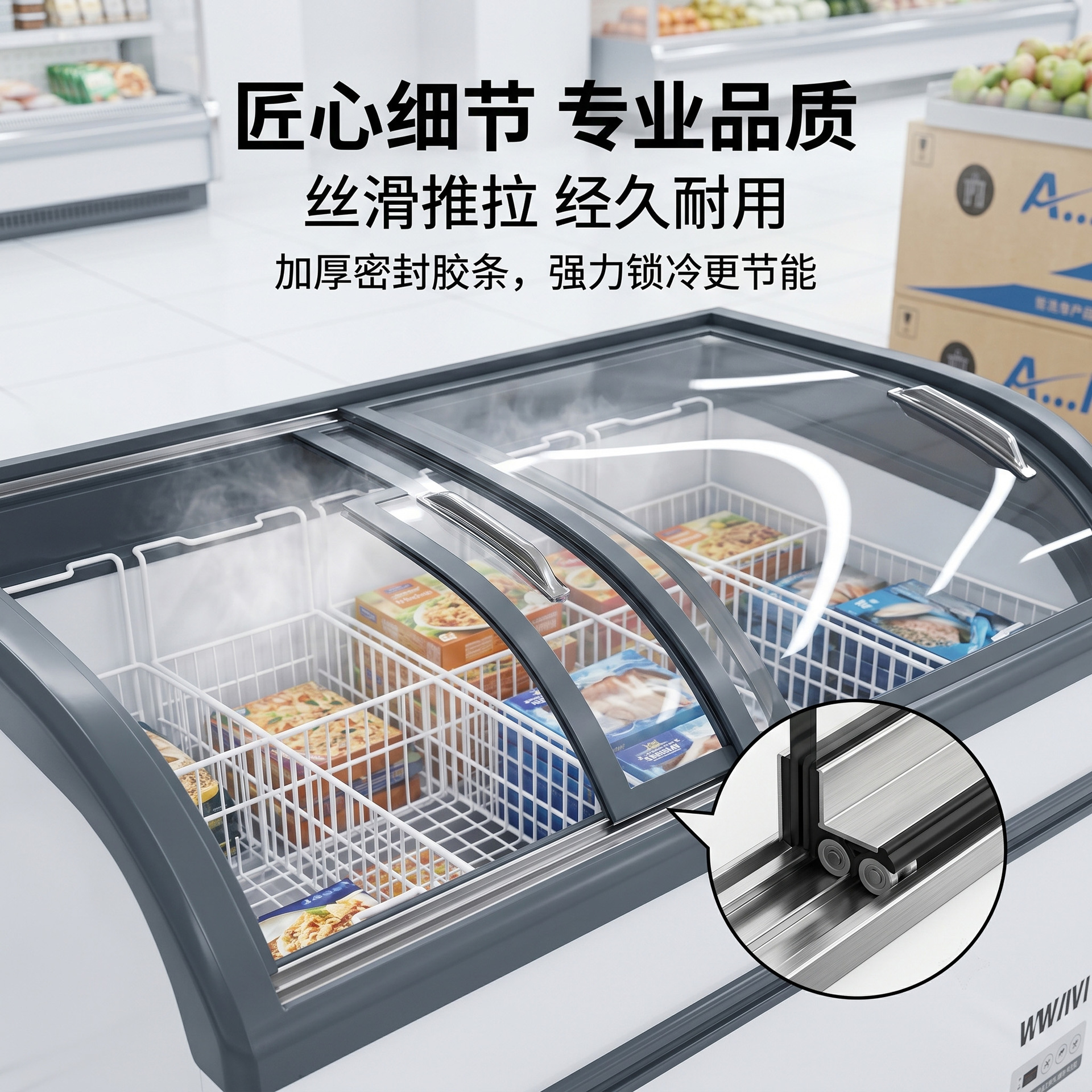银色商用圆弧岛柜带弧形高透钢化玻璃顶盖冷柜冷藏车载式冰箱 Application Scenario