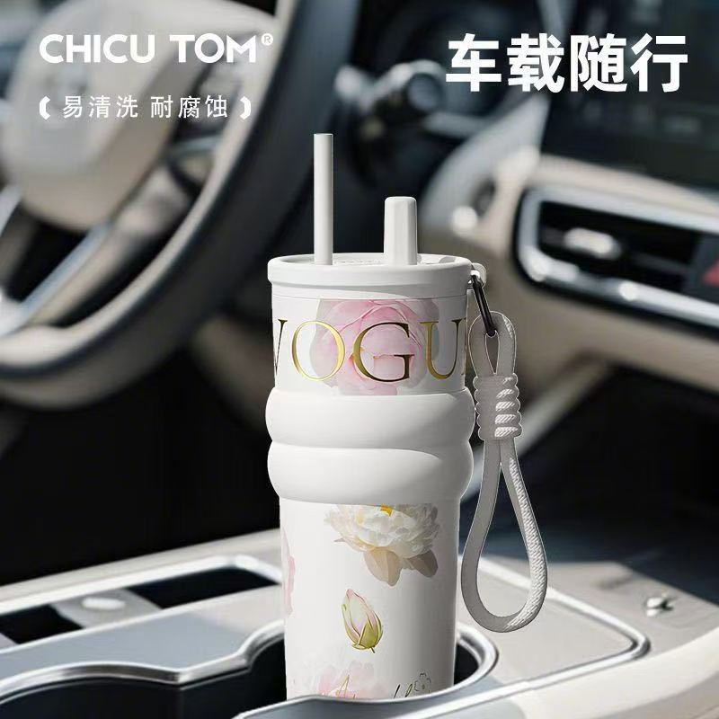 Stainless steel floral straw insulated cup for men and women, high appearance level portable coffee cup, large-capacity car water cup Specification image