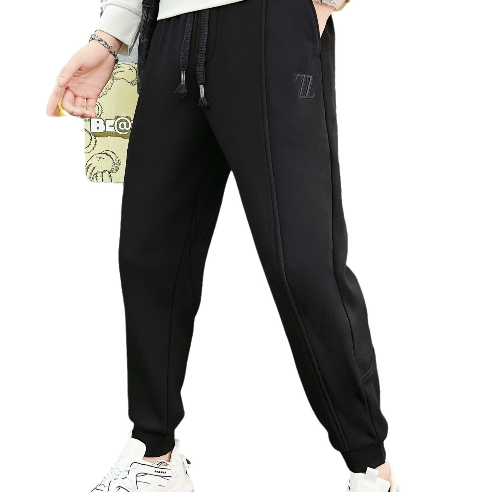 Fleece casual sweatpants for men, spring and autumn loose tight-fitting pants, autumn drawstring stretch knitted sport pants, thickened Item Picture