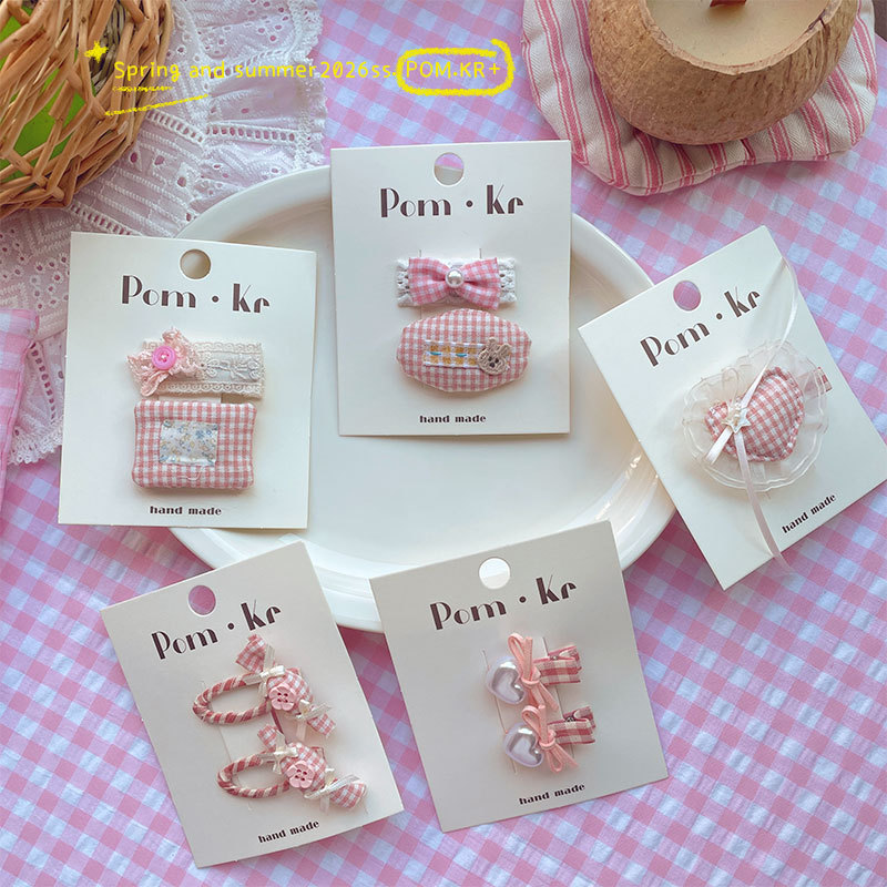 pom.kr春季新品粉色系格子蝴蝶结发夹儿童布艺侧边碎发刘海夹发饰