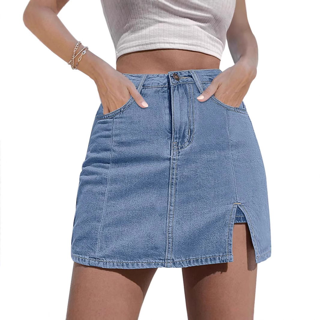 夏季新款韩版显瘦辣妹字裙女时尚走光开叉黑色牛仔半身裙子潮