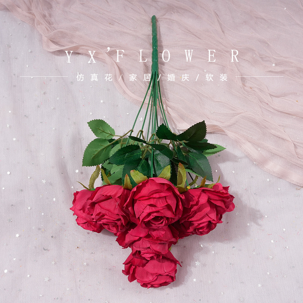 仿真9头雪山玫瑰假花束绢花人造塑料花高级感客厅摆件婚庆花艺细节图