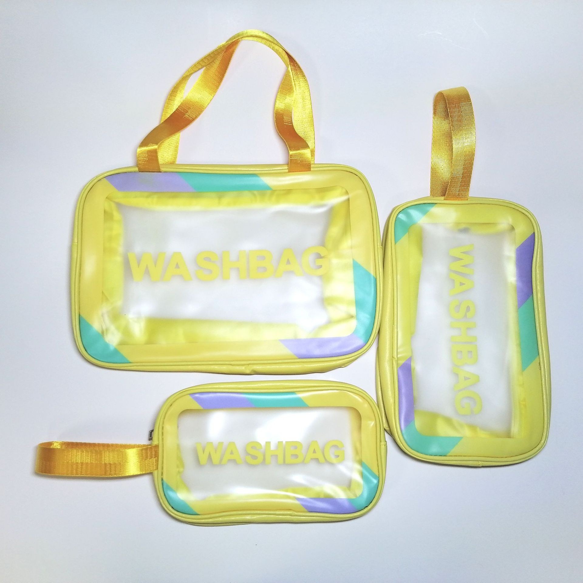 创意彩边磨砂PVC洗漱包手提便携旅行化妆包大容量化妆洗漱收纳包白底实物图
