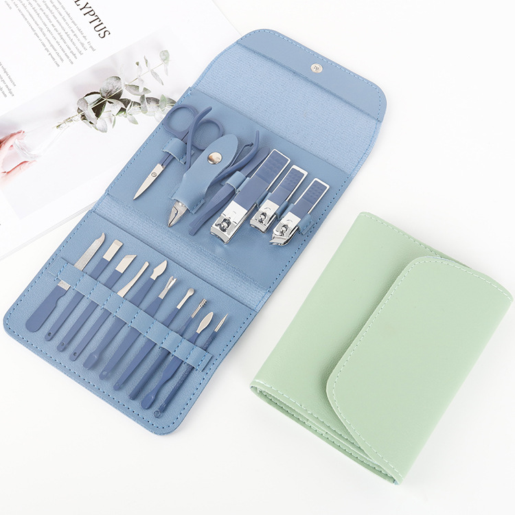 New folding bag nail clipper set, matcha green 16-piece nail tool set, portable home nail clipper set details Picture