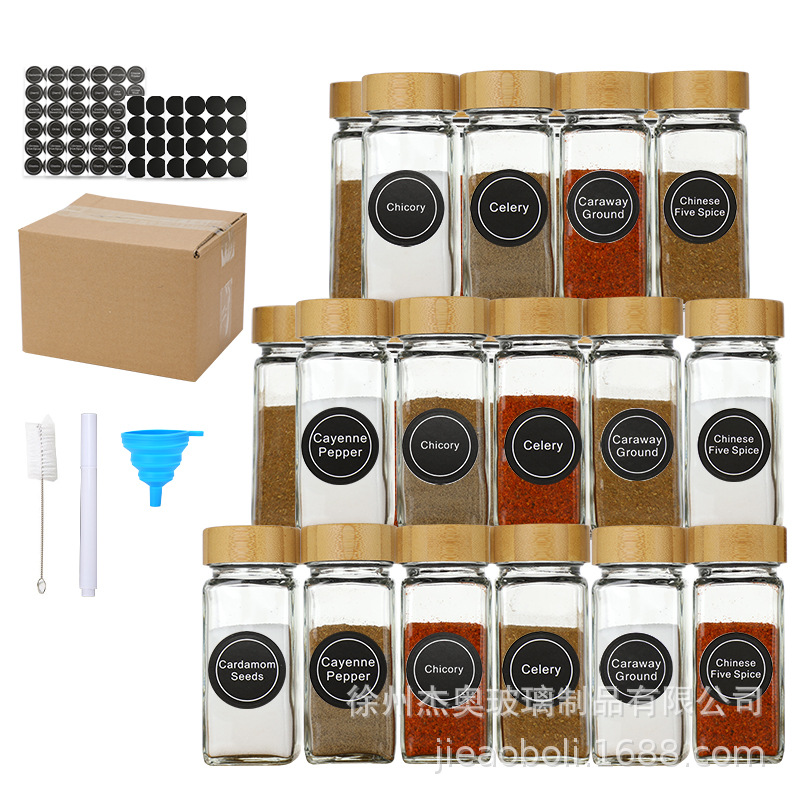 Crossborder amazon 4oz square condimento botella 120ml bambú y madera tapa de vidrio condimento jarro de pimienta set de sal jarro details Picture