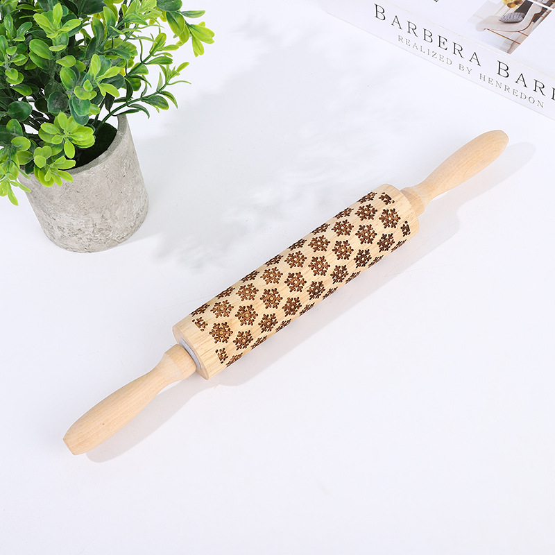 Wooden rolling pin, beech wood laser-engraved and printed rolling pin, embossed rolling sheet, Christmas fonse cookie rolling pin Specification image