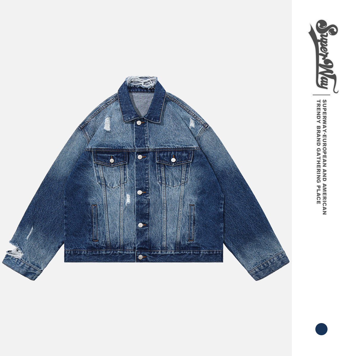 澜海男装|2025秋冬新品日系经典复古水洗破洞重磅牛仔夹克外套男