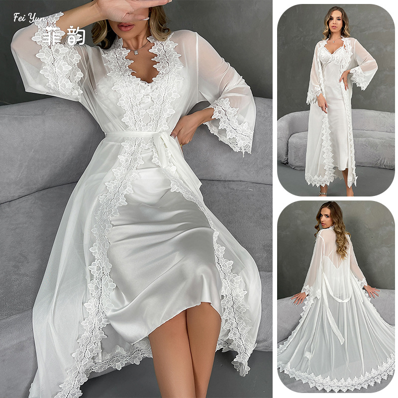New European and American morning gown, sexy nightgown, backless temptation, ice silk comfortable outer gown, pajamas, women's home set 846