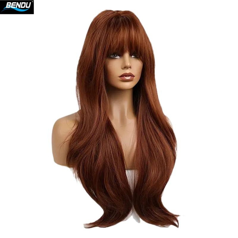 New cross-border fashion hot girl long curly hair bangs wig, women's reddish-brown slightly curly face shaping Amazon fake head details Picture